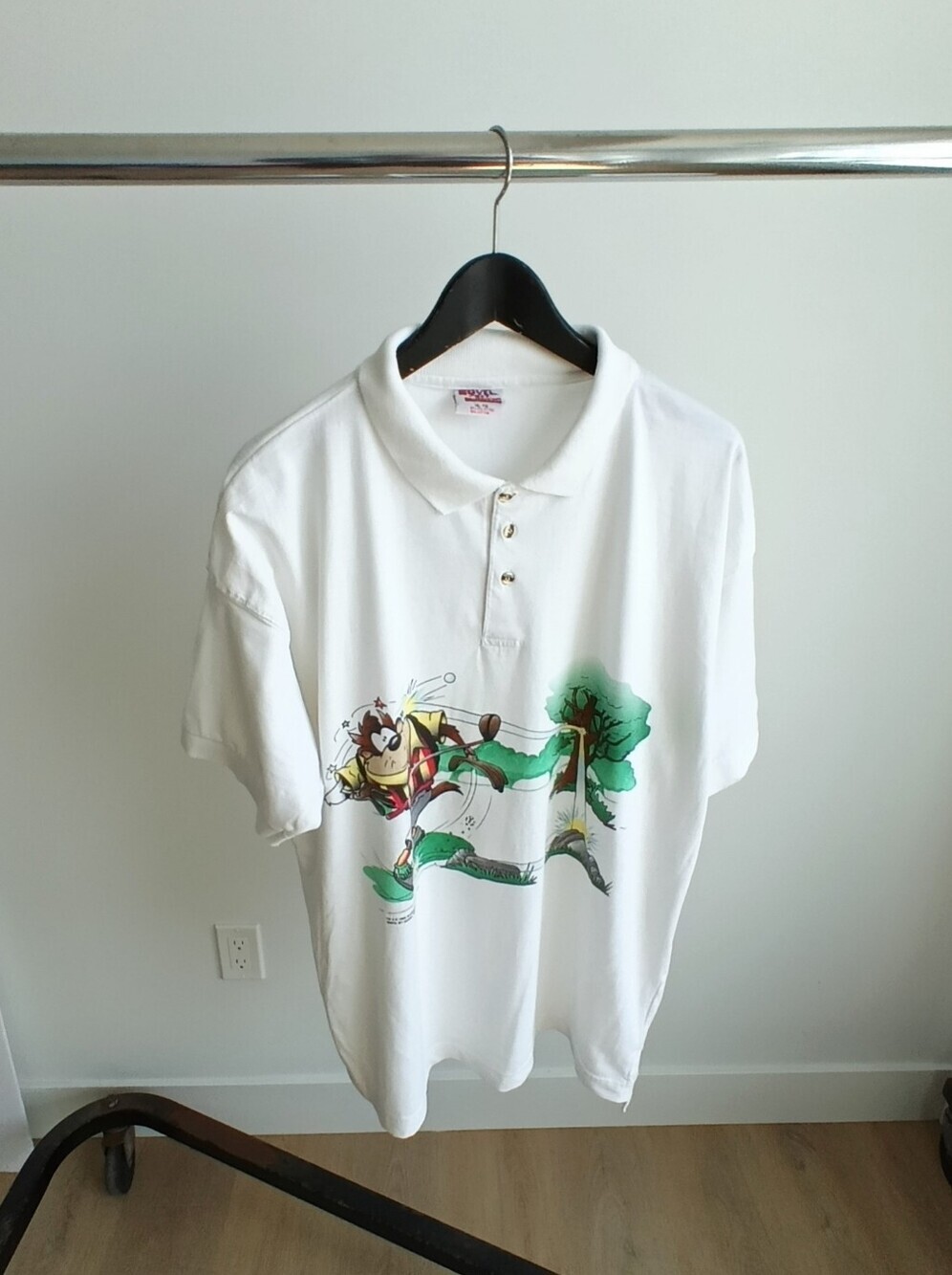 VTG 1995 Taz Looney Tunes Golf Polo Shirt XL Novel Teez White Tasmanian Devil